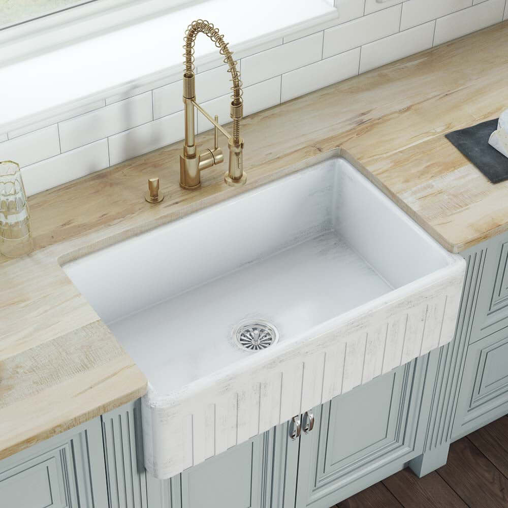 Ruvati 33 x 20 inch Fireclay Reversible Farmhouse Apron-Front Kitchen Sink Single Bowl - Biscuit - RVL2300BS