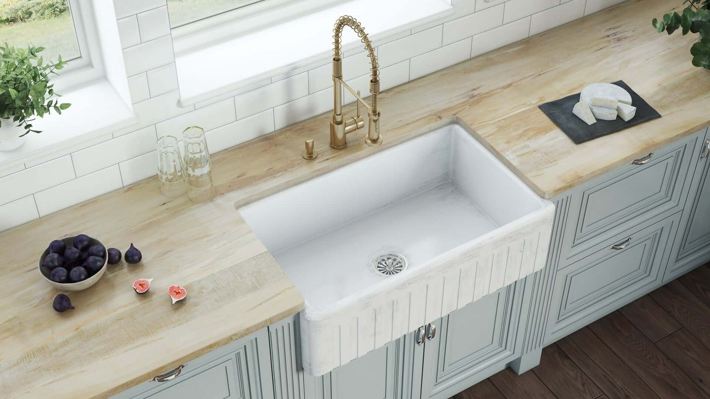 Ruvati 33 x 20 inch Fireclay Reversible Farmhouse Apron-Front Kitchen Sink Single Bowl - Biscuit - RVL2300BS