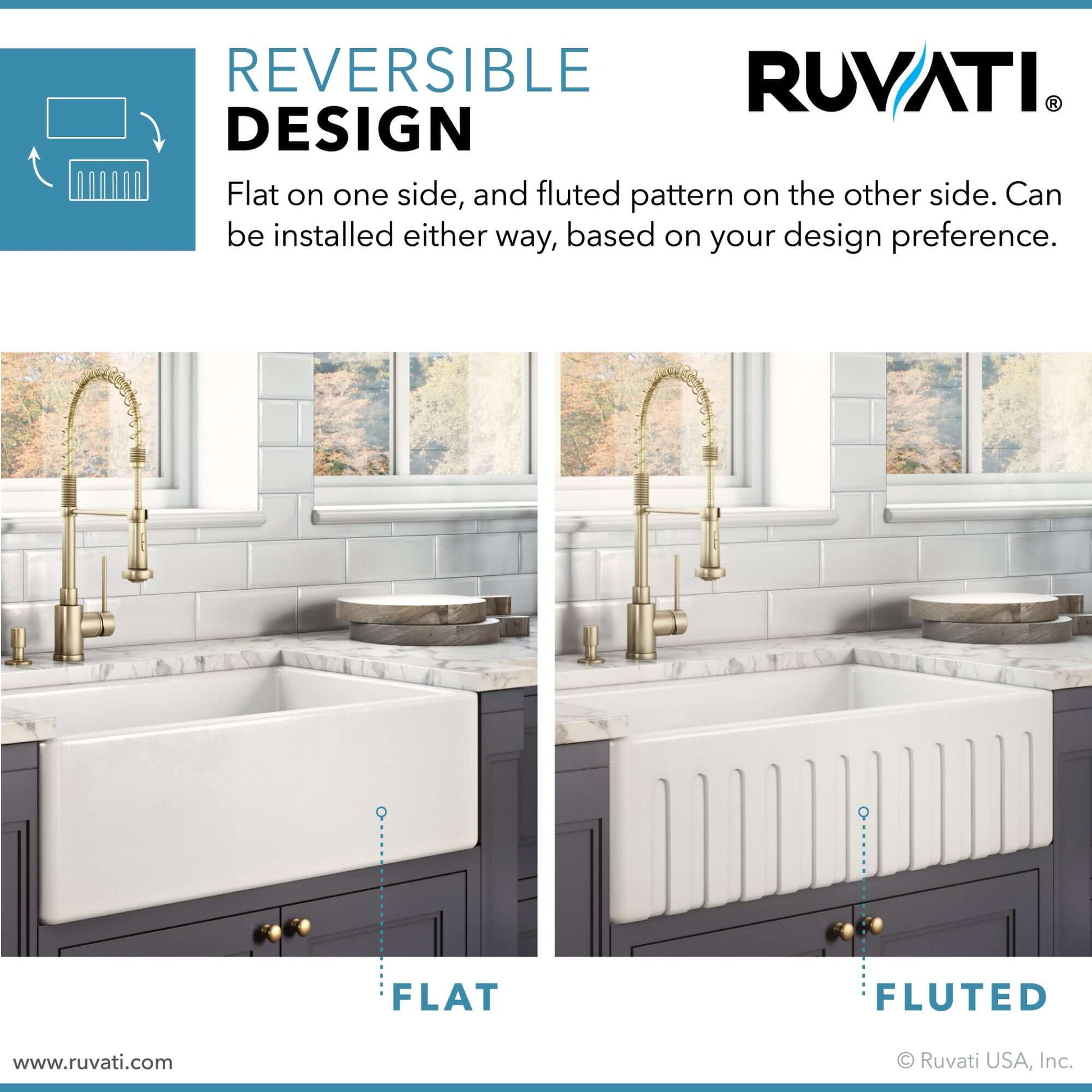 Ruvati 33 x 20 inch Fireclay Reversible Farmhouse Apron-Front Kitchen Sink Single Bowl - Biscuit - RVL2300BS