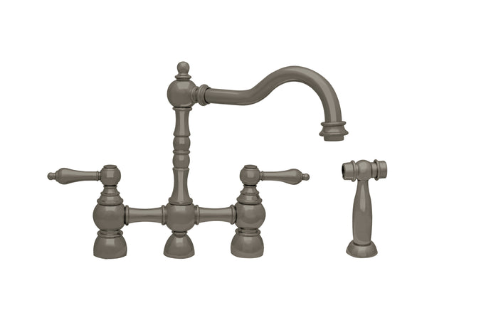 Whitehaus Englishhaus Bridge Faucet with Long Traditional Swivel Spout, Solid Lever Handles and Solid Brass Side Spray Faucet Whitehaus Brushed Nickel  