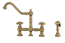 Load image into Gallery viewer, Whitehaus Vintage III Plus Bridge Faucet with Long Traditional Swivel Spout, Cross Handles and Solid Brass Side Spray Faucet Whitehaus Antique Brass  