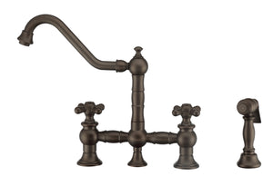 Whitehaus Vintage III Plus Bridge Faucet with Long Traditional Swivel Spout, Cross Handles and Solid Brass Side Spray Faucet Whitehaus Oil Rubbed Bronze  