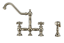 Load image into Gallery viewer, Whitehaus Vintage III Plus Bridge Faucet with Long Traditional Swivel Spout, Cross Handles and Solid Brass Side Spray Faucet Whitehaus Polished Nickel  