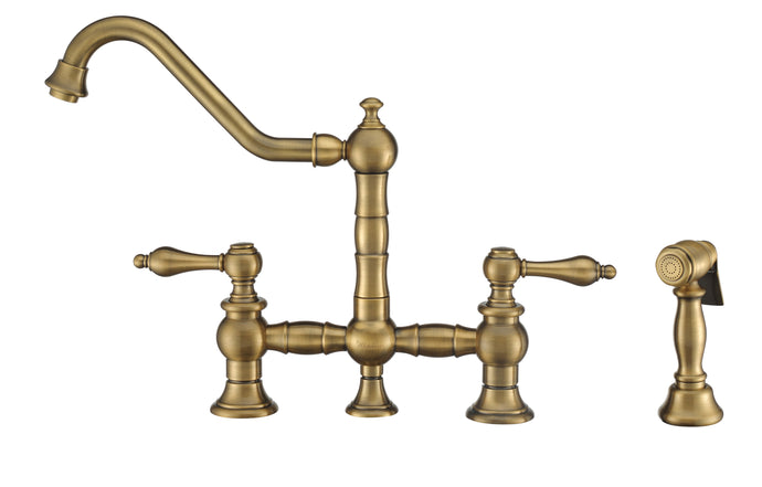 Whitehaus Vintage III Plus Bridge Faucet with Long Traditional Swivel Spout, Lever Handles and Solid Brass Side Spray Faucet Whitehaus Antique Brass  
