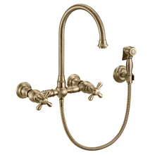 Load image into Gallery viewer, Whitehaus Vintage III Plus Wall Mount Faucet with a  Long Gooseneck Swivel Spout, Cross Handles and Solid Brass Side Spray Faucet Whitehaus Antique Brass  