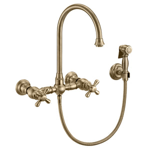 Whitehaus Vintage III Plus Wall Mount Faucet with a  Long Gooseneck Swivel Spout, Cross Handles and Solid Brass Side Spray Faucet Whitehaus Antique Brass  