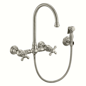 Whitehaus Vintage III Plus Wall Mount Faucet with a  Long Gooseneck Swivel Spout, Cross Handles and Solid Brass Side Spray Faucet Whitehaus Brushed Nickel  