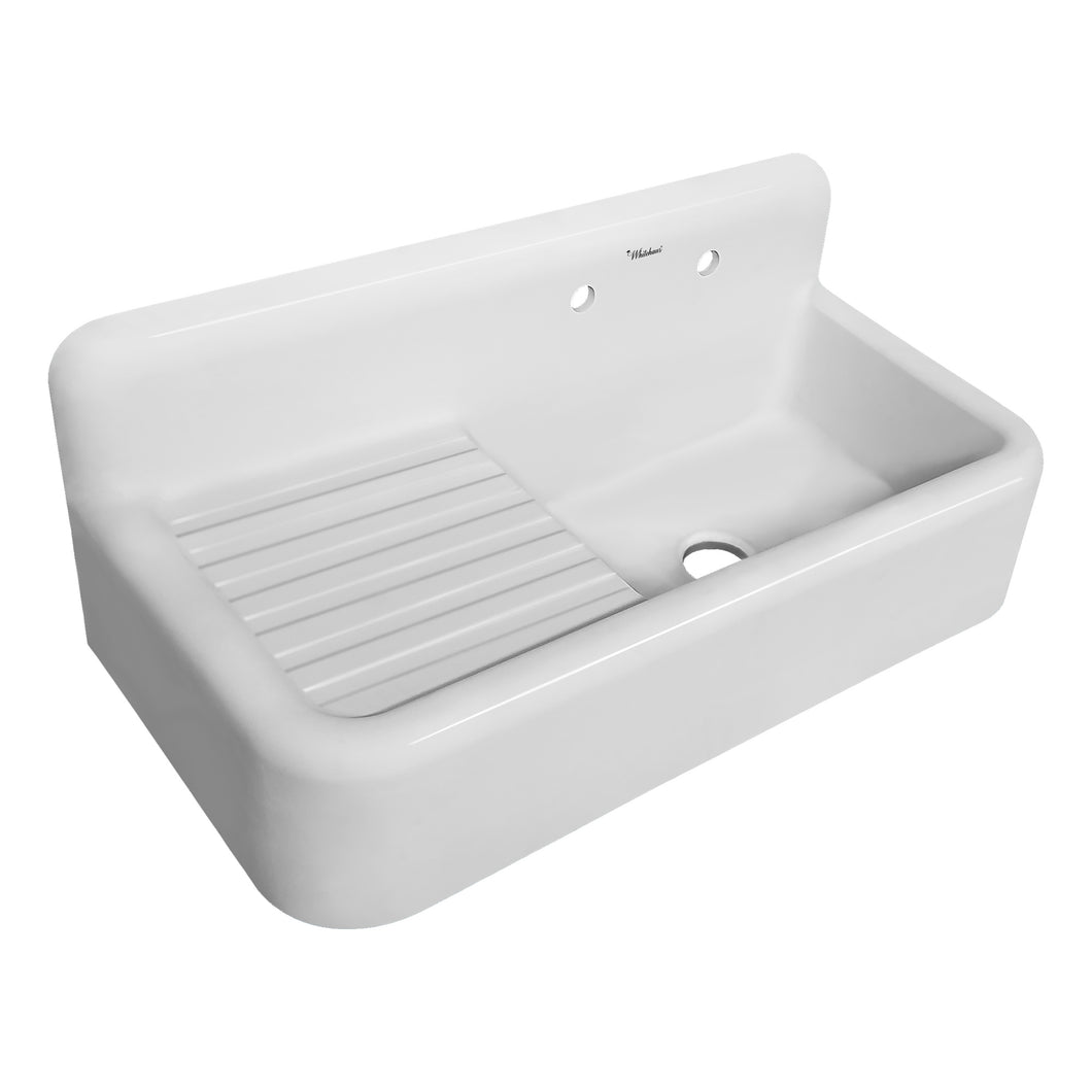 Whitehaus Heritage Front Apron Single Bowl Fireclay Sink with Integral Drainboard and High Backsplash Sink Whitehaus White  