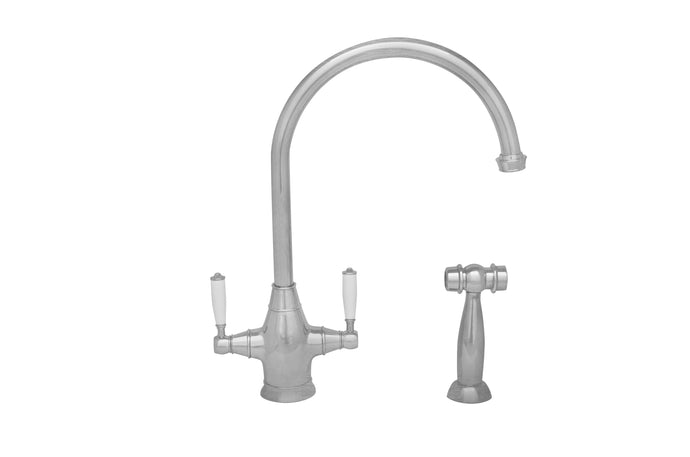 Whitehaus Queenhaus Dual Handle Faucet with Long Gooseneck Spout, Porcelain Lever Handles and Solid Brass Side Spray Faucet Whitehaus Polished Nickel  