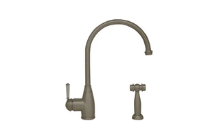 Whitehaus Queenhaus Single Lever Faucet with Long Gooseneck Spout, Porcelain Single Lever Handle and Solid Brass Side Spray Faucet Whitehaus Brushed Nickel  