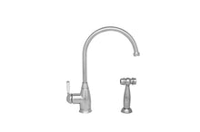 Load image into Gallery viewer, Whitehaus Queenhaus Single Lever Faucet with Long Gooseneck Spout, Porcelain Single Lever Handle and Solid Brass Side Spray Faucet Whitehaus Polished Chrome  