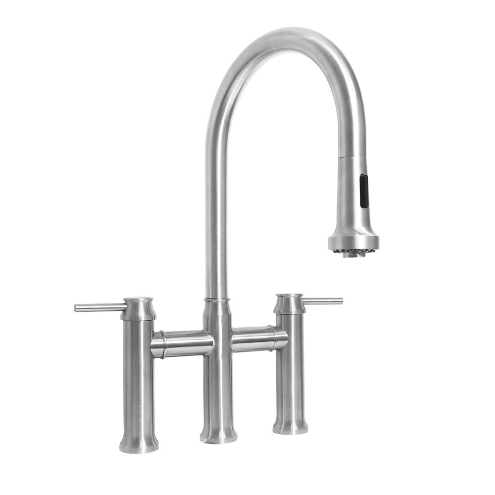 Whitehaus Waterhaus Lead-Free Solid Stainless Steel Bridge Faucet with a Gooseneck Swivel Spout, Pull Down Spray Head and Solid Lever Handles Faucet Whitehaus Brushed Stainless Steel  