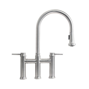 Whitehaus Waterhaus Lead-Free Solid Stainless Steel Bridge Faucet with a Gooseneck Swivel Spout, Pull Down Spray Head and Solid Lever Handles Faucet Whitehaus   