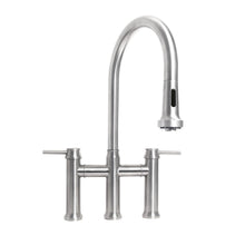 Load image into Gallery viewer, Whitehaus Waterhaus Lead-Free Solid Stainless Steel Bridge Faucet with a Gooseneck Swivel Spout, Pull Down Spray Head and Solid Lever Handles Faucet Whitehaus   