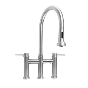 Whitehaus Waterhaus Lead-Free Solid Stainless Steel Bridge Faucet with a Gooseneck Swivel Spout, Pull Down Spray Head and Solid Lever Handles Faucet Whitehaus   