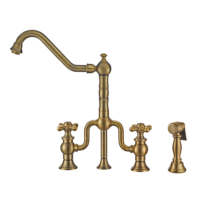 Whitehaus Twisthaus Plus Bridge Faucet with Long Traditional Swivel Spout, Cross Handles and Solid Brass Side Spray Faucet Whitehaus Antique Brass  