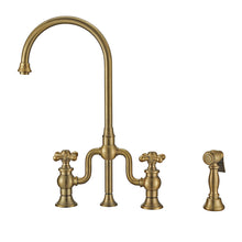 Load image into Gallery viewer, Whitehaus Twisthaus Plus Bridge Faucet with Gooseneck Swivel Spout, Cross Handles and Solid Brass Side Spray Faucet Whitehaus Antique Brass  