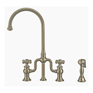Whitehaus Twisthaus Plus Bridge Faucet with Gooseneck Swivel Spout, Cross Handles and Solid Brass Side Spray Faucet Whitehaus Brushed Nickel  