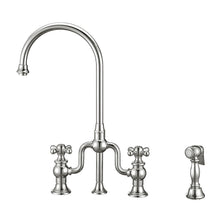 Load image into Gallery viewer, Whitehaus Twisthaus Plus Bridge Faucet with Gooseneck Swivel Spout, Cross Handles and Solid Brass Side Spray Faucet Whitehaus Polished Chrome  