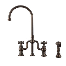 Load image into Gallery viewer, Whitehaus Twisthaus Plus Bridge Faucet with Gooseneck Swivel Spout, Cross Handles and Solid Brass Side Spray Faucet Whitehaus Oil Rubbed Bronze  