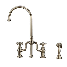 Load image into Gallery viewer, Whitehaus Twisthaus Plus Bridge Faucet with Gooseneck Swivel Spout, Cross Handles and Solid Brass Side Spray Faucet Whitehaus Polished Nickel  