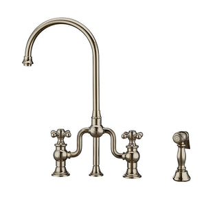 Whitehaus Twisthaus Plus Bridge Faucet with Gooseneck Swivel Spout, Cross Handles and Solid Brass Side Spray Faucet Whitehaus Polished Nickel  