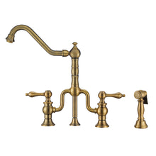 Load image into Gallery viewer, Whitehaus Twisthaus Plus Bridge Faucet with Long Traditional Swivel Spout, Lever Handles and Solid Brass Side Spray Faucet Whitehaus Antique Brass  