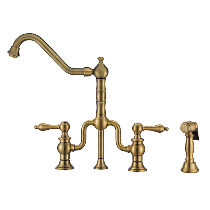 Whitehaus Twisthaus Plus Bridge Faucet with Long Traditional Swivel Spout, Lever Handles and Solid Brass Side Spray Faucet Whitehaus Antique Brass  