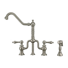 Load image into Gallery viewer, Whitehaus Twisthaus Plus Bridge Faucet with Long Traditional Swivel Spout, Lever Handles and Solid Brass Side Spray Faucet Whitehaus Brushed Nickel  