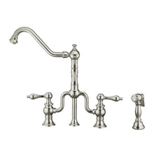 Load image into Gallery viewer, Whitehaus Twisthaus Plus Bridge Faucet with Long Traditional Swivel Spout, Lever Handles and Solid Brass Side Spray Faucet Whitehaus Polished Chrome  