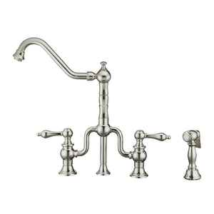 Whitehaus Twisthaus Plus Bridge Faucet with Long Traditional Swivel Spout, Lever Handles and Solid Brass Side Spray Faucet Whitehaus Polished Chrome  