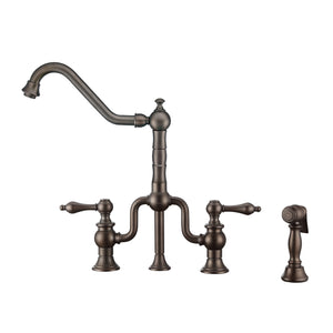 Whitehaus Twisthaus Plus Bridge Faucet with Long Traditional Swivel Spout, Lever Handles and Solid Brass Side Spray Faucet Whitehaus Oil Rubbed Bronze  