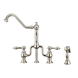 Whitehaus Twisthaus Plus Bridge Faucet with Long Traditional Swivel Spout, Lever Handles and Solid Brass Side Spray Faucet Whitehaus Polished Nickel  