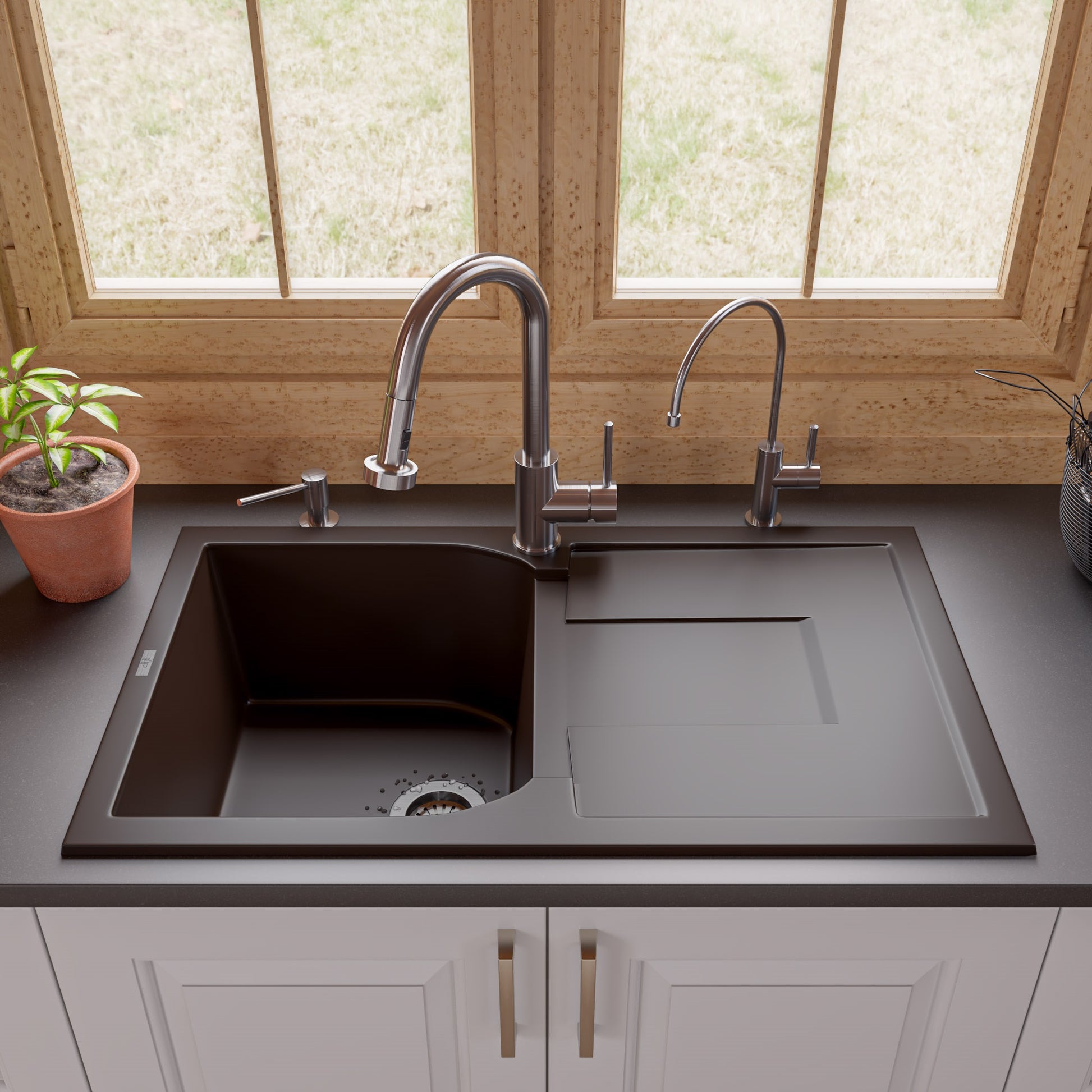 Alfi brand AB1620DI 34" Single Bowl Granite Composite Kitchen Sink with Drainboard Kitchen Sink ALFI brand   