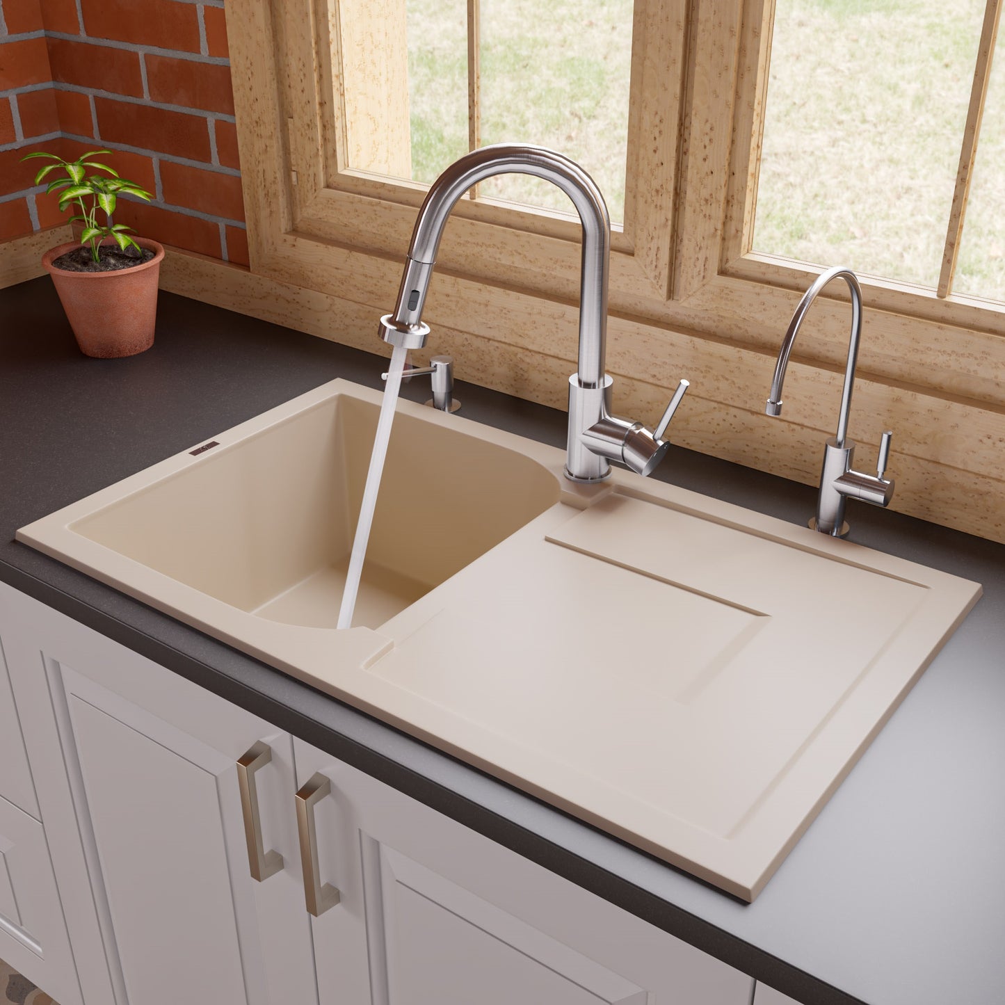 Alfi brand AB1620DI 34" Single Bowl Granite Composite Kitchen Sink with Drainboard Kitchen Sink ALFI brand Biscuit  