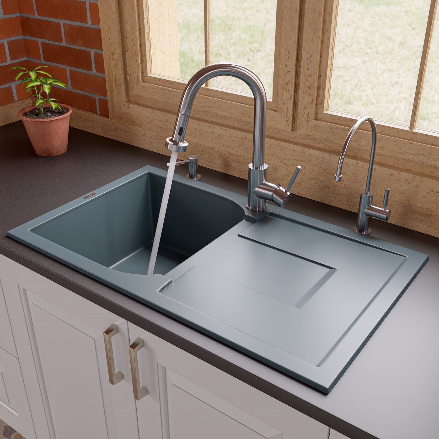 Alfi brand AB1620DI 34" Single Bowl Granite Composite Kitchen Sink with Drainboard Kitchen Sink ALFI brand Titanium  